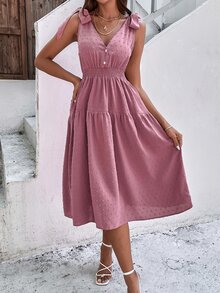 肩上打結圓點打褶拼塊連衣裙 - 藕粉色 - 查看 3