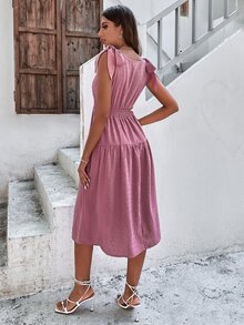 肩上打結圓點打褶拼塊連衣裙 - 藕粉色 - 查看 2