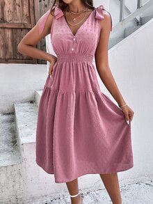 肩上打結圓點打褶拼塊連衣裙 - 藕粉色 - 查看 4