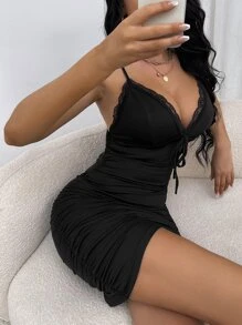 Allurite Đầm Tương phản ren Thắt nút Xù màu trơn Gợi cảm - màu đen - Xem 4