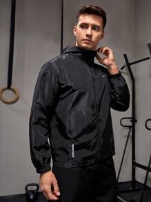 Manfinity Fitness Boyfriend Style Men Letter Graphic Zipper Hooded Sports Jacket Workout Tops - Black - View 1