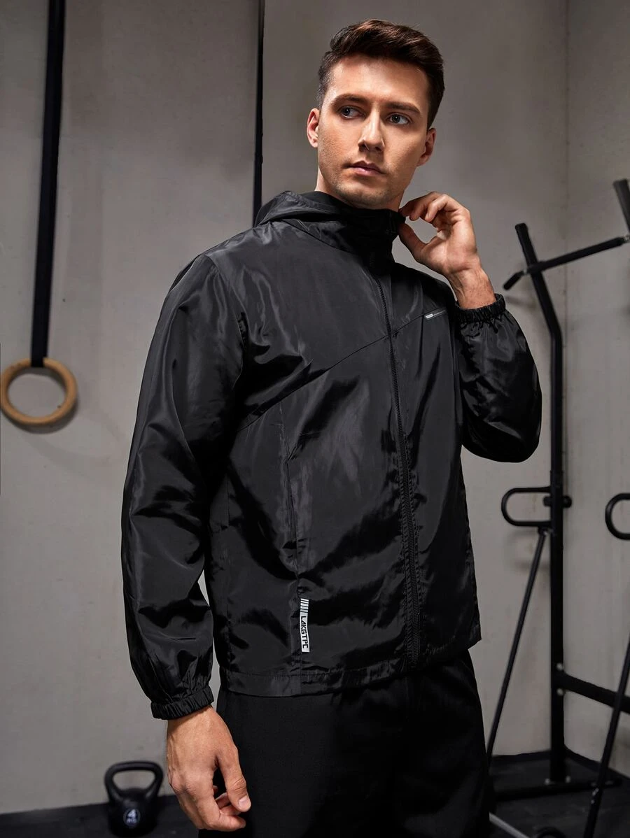 Manfinity Fitness Boyfriend Style Men Letter Graphic Zipper Hooded Sports Jacket Workout Tops - Black - View 1