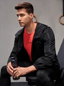 Manfinity Fitness Boyfriend Style Men Letter Graphic Zipper Hooded Sports Jacket Workout Tops - Black - View 3