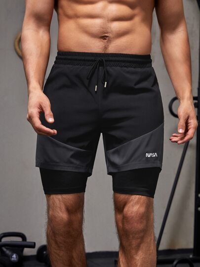 Manfinity Fitness Boyfriend Style Men Letter Graphic Drawstring Waist 2 In 1 Sports Stretchy Shorts Gym Shorts