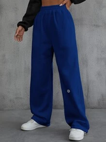 SHEIN EZwear 字母貼布細節斜插口袋衛褲 - 寶藍色 - 查看 3