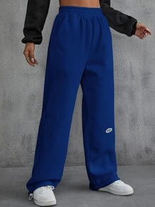 SHEIN EZwear 字母貼布細節斜插口袋衛褲 - 寶藍色 - 查看 4