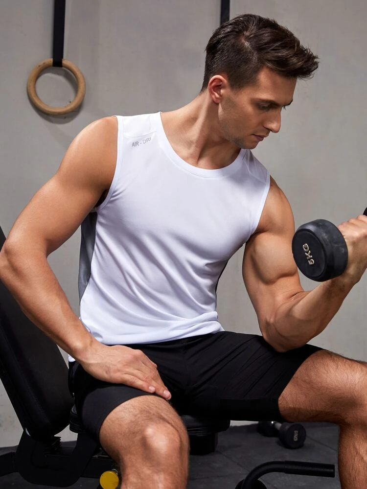 Boyfriend Style Men Two Tone Letter Graphic Sports Tank Top Compression Shirt Men