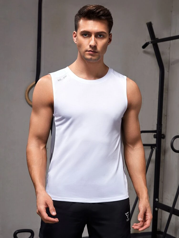 Boyfriend Style Men Two Tone Letter Graphic Sports Tank Top Compression Shirt Men