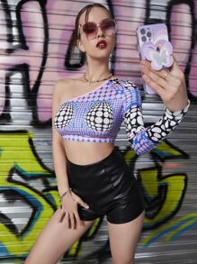SHEIN Unity Polka Dot One Shoulder Crop Top - Multicolor - View 1