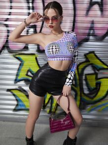 SHEIN Unity Polka Dot One Shoulder Crop Top - Multicolor - View 4