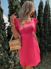 泡泡袖大圓領緞面連衣裙 - 玫紅色 - 查看 5