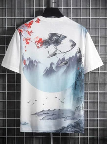 Manfinity Homme 男士T恤適合圓領短袖圖案T恤，休閒新年服裝，夏季針織上衣 - 白色 - 查看 2