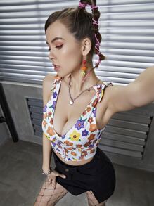 SHEIN Unity Allover Floral Print Tie Shoulder Top - Multicolor - View 3