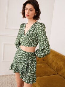 Bộ đồ hai mảnh nữ Dây kéo Xù Viên lá sen Hoa Boho - Nhiều màu - Xem 1