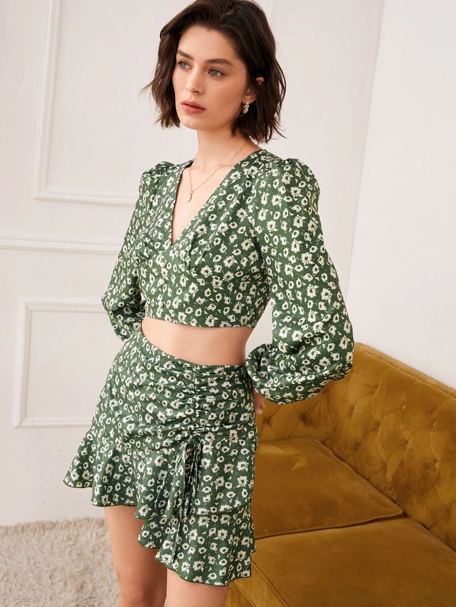 Bộ đồ hai mảnh nữ Dây kéo Xù Viên lá sen Hoa Boho - Nhiều màu - Xem 1