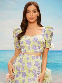 SHEIN Puff Sleeve Floral Jacquard Crop Top