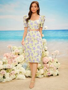 SHEIN Puff Sleeve Floral Jacquard Crop Top