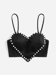 SHEIN ICON Áo bó hình trái tim viền bất đối xứng viền ngọc trai - màu đen - Xem 3