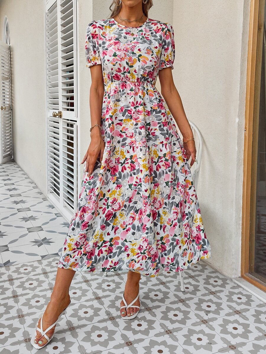 Breezaya Vestido con estampado floral de manga farol bajo con fruncido - Multicolor - Ver 1