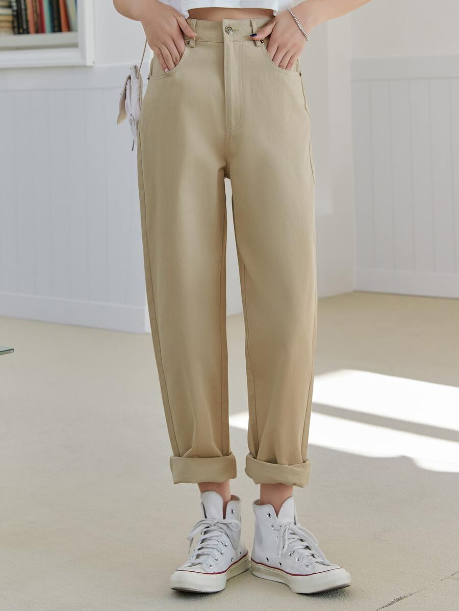 DAZY 高腰直筒褲 - 卡其色 - 查看 1