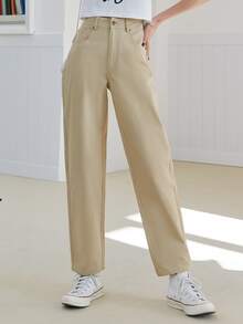 DAZY 高腰直筒褲 - 卡其色 - 查看 3
