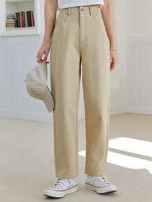 DAZY 高腰直筒褲 - 卡其色 - 查看 5
