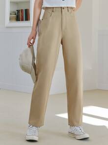 DAZY 高腰直筒褲 - 卡其色 - 查看 6