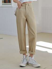 DAZY 高腰直筒褲 - 卡其色 - 查看 7