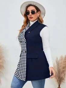 Mulvari Plus Houndstooth Print Shawl Collar Double Breasted Vest Blazer - Blue and White - View 3