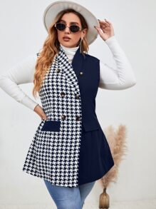 Mulvari Plus Houndstooth Print Shawl Collar Double Breasted Vest Blazer - Blue and White - View 4