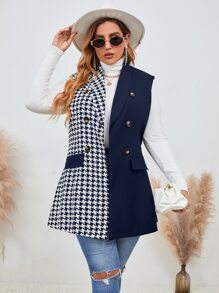 Mulvari Plus Houndstooth Print Shawl Collar Double Breasted Vest Blazer - Blue and White - View 5