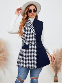Mulvari Plus Houndstooth Print Shawl Collar Double Breasted Vest Blazer - Blue and White - View 6