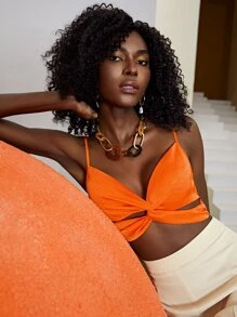 SHEIN VCAY Twist Front Cut Out Crop Cami Top - Orange - View 7