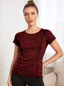 Topstitching Round Neck Sports Tee - Maroon - View 2