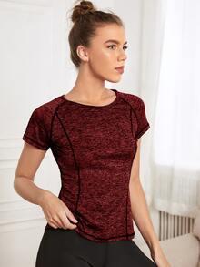 Topstitching Round Neck Sports Tee - Maroon - View 4