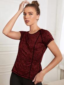 Topstitching Round Neck Sports Tee - Maroon - View 5