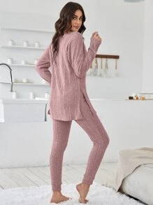 Bộ đồ giản dị Nữ Chia Gân đan màu trơn Giải trí - Bụi hồng - Xem 2