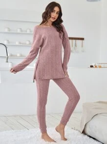 Bộ đồ giản dị Nữ Chia Gân đan màu trơn Giải trí - Bụi hồng - Xem 3