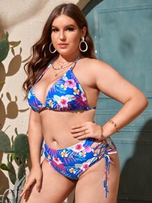 大尺碼花卉印花掛脖比基尼套裝夏日海灘 - 彩色 - 查看 4