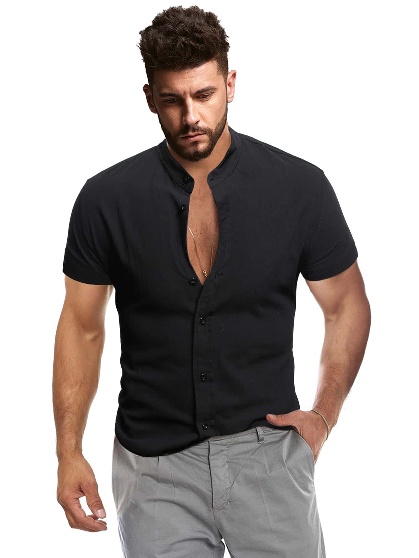 Manfinity Homme Men Mock Neck Button Up Shirt - Black - View 1