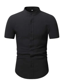 Manfinity Homme Men Mock Neck Button Up Shirt - Black - View 3