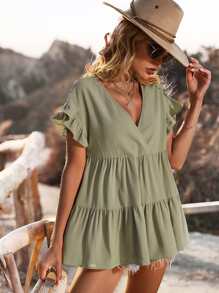 Áo sơ mi nữ Xù Viên lá sen Trọn gói màu trơn Dễ thương - xanh quân đội - Xem 1