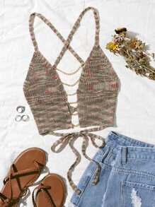 SHEIN WYWH Áo dệt kim nữ Lộ Lưng Chuỗi Hội Chữ thập Ren lên Buộc lại màu trơn Gợi cảm - Nhiều màu - Xem 1