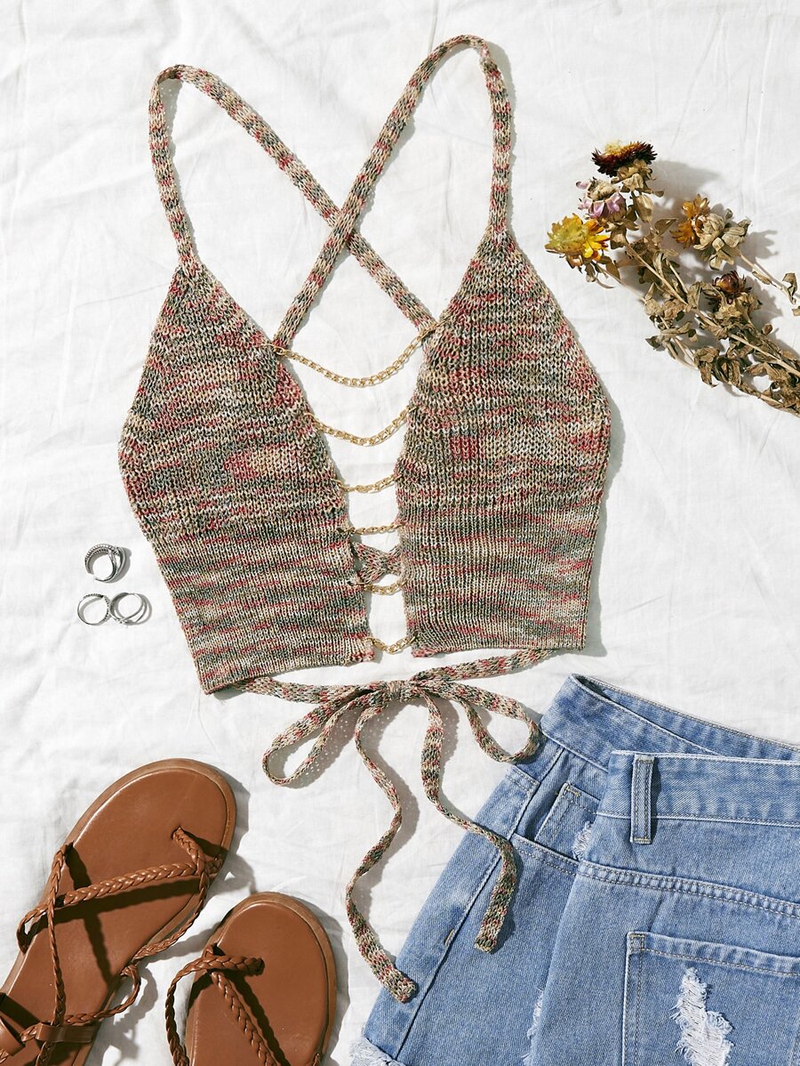 SHEIN WYWH Áo dệt kim nữ Lộ Lưng Chuỗi Hội Chữ thập Ren lên Buộc lại màu trơn Gợi cảm - Nhiều màu - Xem 1