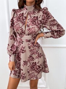 SHEIN Clasi High-Neck Pink Floral Dress With Puff Sleeves, Front Slit, And Pleats On Waist Fall Cloth For Women - Apricot - View 5