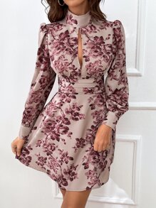 SHEIN Clasi High-Neck Pink Floral Dress With Puff Sleeves, Front Slit, And Pleats On Waist Fall Cloth For Women - Apricot - View 6