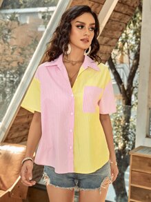 Colorblock & Striped Button Through Shirt - Multicolor - View 3