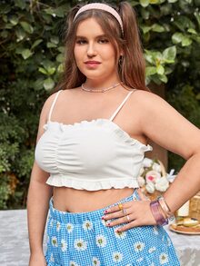 Plus Ruffle Hem Ruched Bust Crop Cami Top - White - View 3