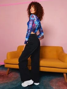 Mr Melville Japanese Letter & Graphic Print Lettuce Trim Crop Top, Festival - Multicolor - View 6