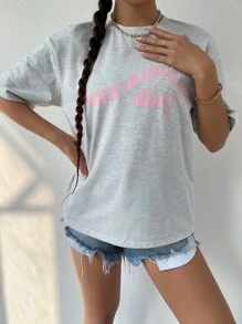 SHEIN Unity Slogan Graphic Drop Shoulder Tee Graphic Tees Women Tops - Light Grey - View 3